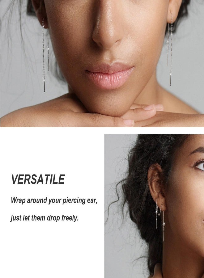 Aocelly Dangle Earrings for Women Threader Earrings 14K Gold Plated Sterling Silver,Dangling Drop Earring Chain Long Dangly Woman Dainty Earrings for Womens Simple 2 Set - Image 4